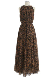 Brown Leopard Printed Poly Chiffon Maxi Dress with Halter Neckline, Waist Tie Detail & Flowing Silhouette for Resort Wear, Brunch & Evening Occasions
