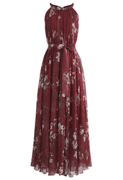 Elegant Wine Floral Printed Poly Chiffon Maxi Dress with Halter Neckline & Flowing Silhouette for Summer Brunch  Resort