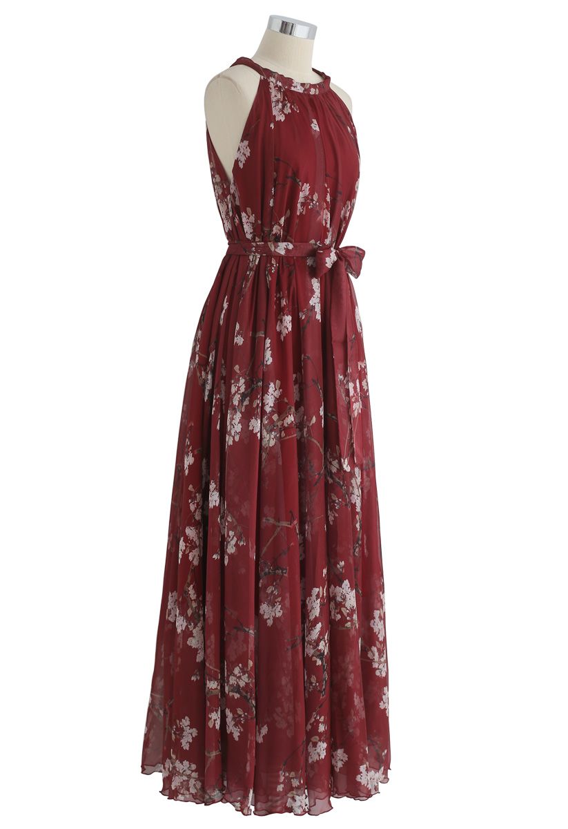 Elegant Wine Floral Printed Poly Chiffon Maxi Dress with Halter Neckline & Flowing Silhouette for Summer Brunch  Resort
