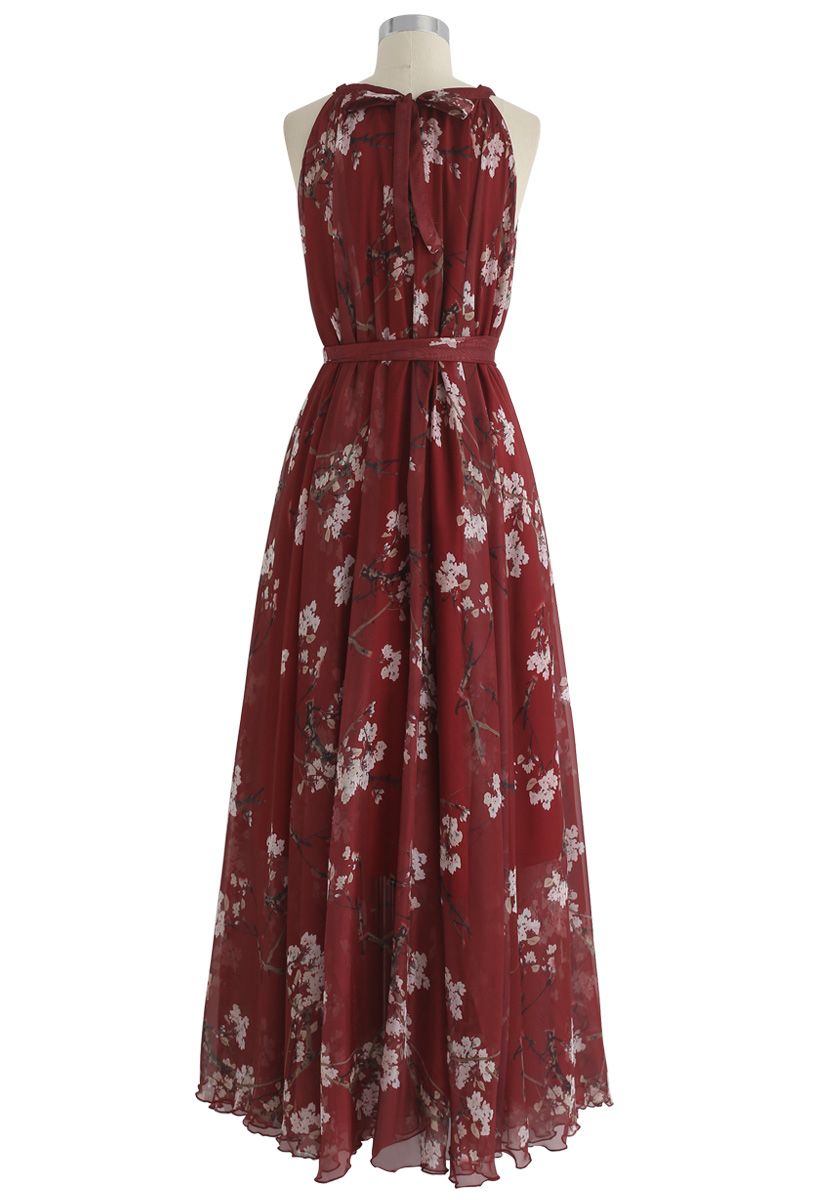 Elegant Wine Floral Printed Poly Chiffon Maxi Dress with Halter Neckline & Flowing Silhouette for Summer Brunch  Resort