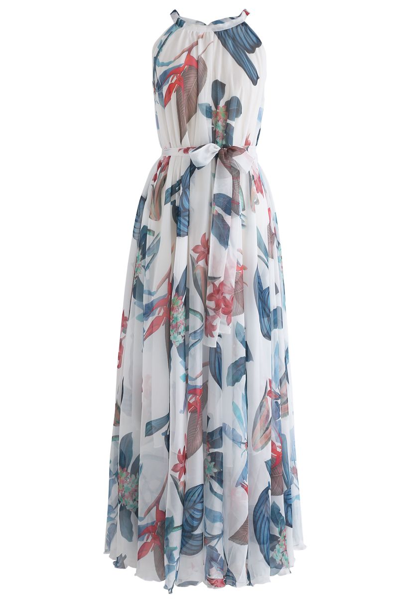 Ivory Tropical Botanical Leaf Printed Poly Chiffon Maxi Dress with Halter Neckline