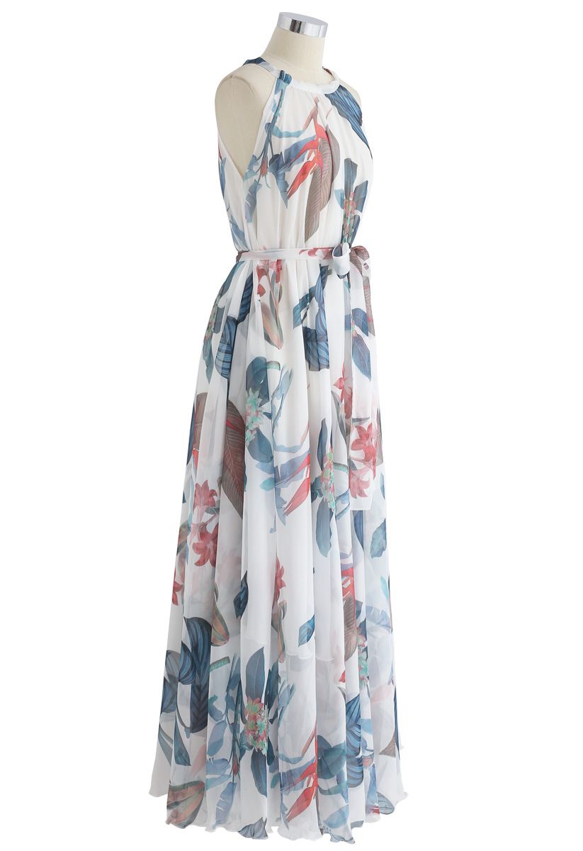 Ivory Tropical Botanical Leaf Printed Poly Chiffon Maxi Dress with Halter Neckline