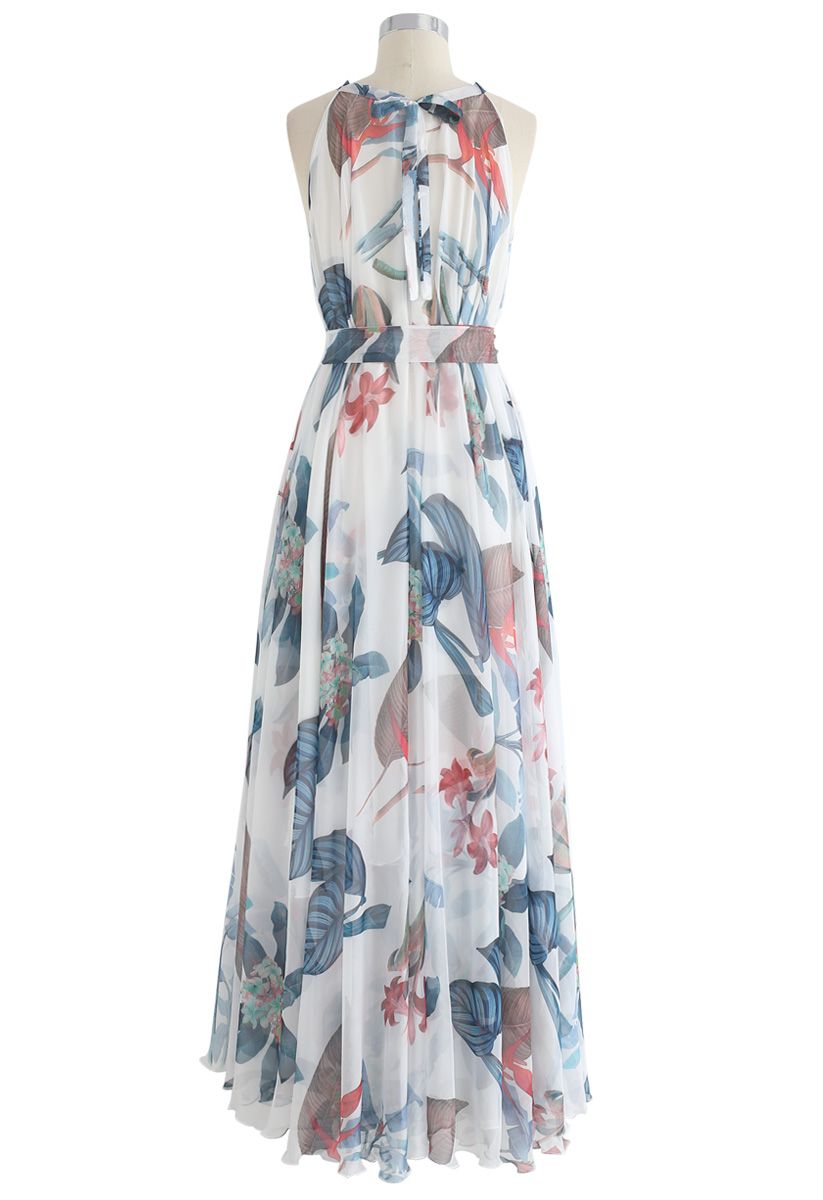 Ivory Tropical Botanical Leaf Printed Poly Chiffon Maxi Dress with Halter Neckline