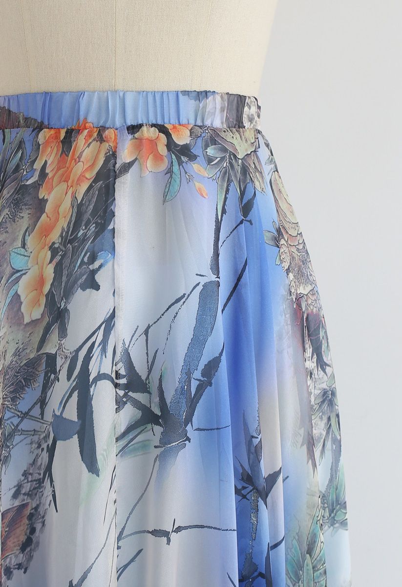 Elegant Blue Botanical Print Chiffon Maxi Skirt