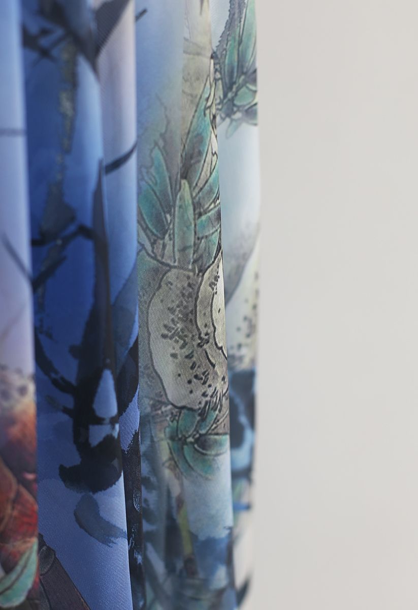 Elegant Blue Botanical Print Chiffon Maxi Skirt