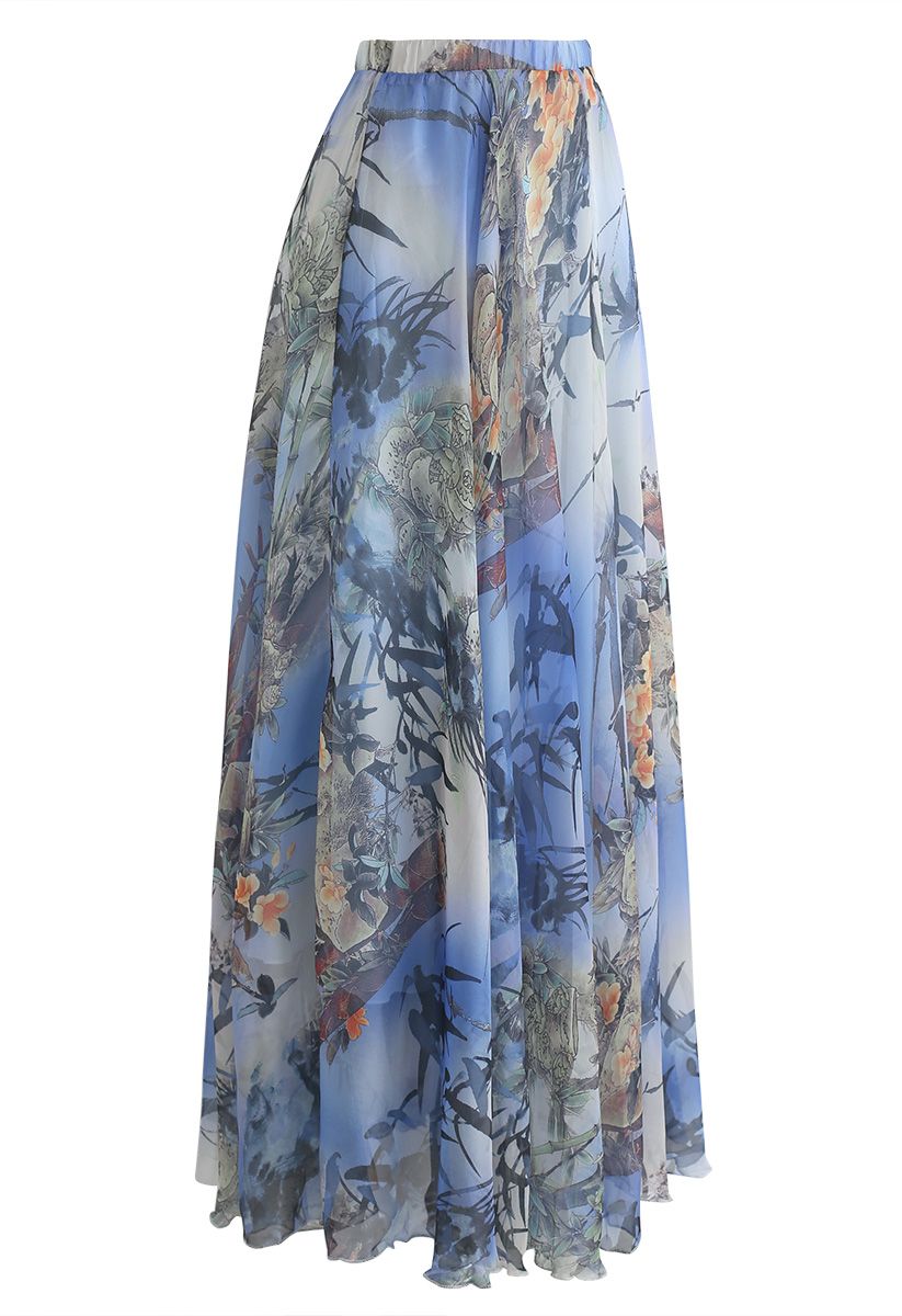 Elegant Blue Botanical Print Chiffon Maxi Skirt