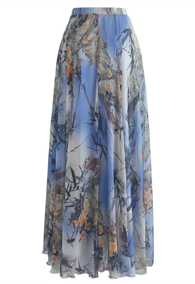 Elegant Blue Botanical Print Chiffon Maxi Skirt