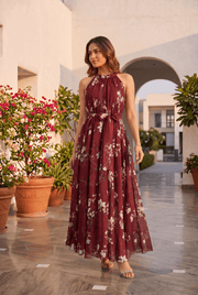Elegant Wine Floral Printed Poly Chiffon Maxi Dress with Halter Neckline & Flowing Silhouette for Summer Brunch  Resort