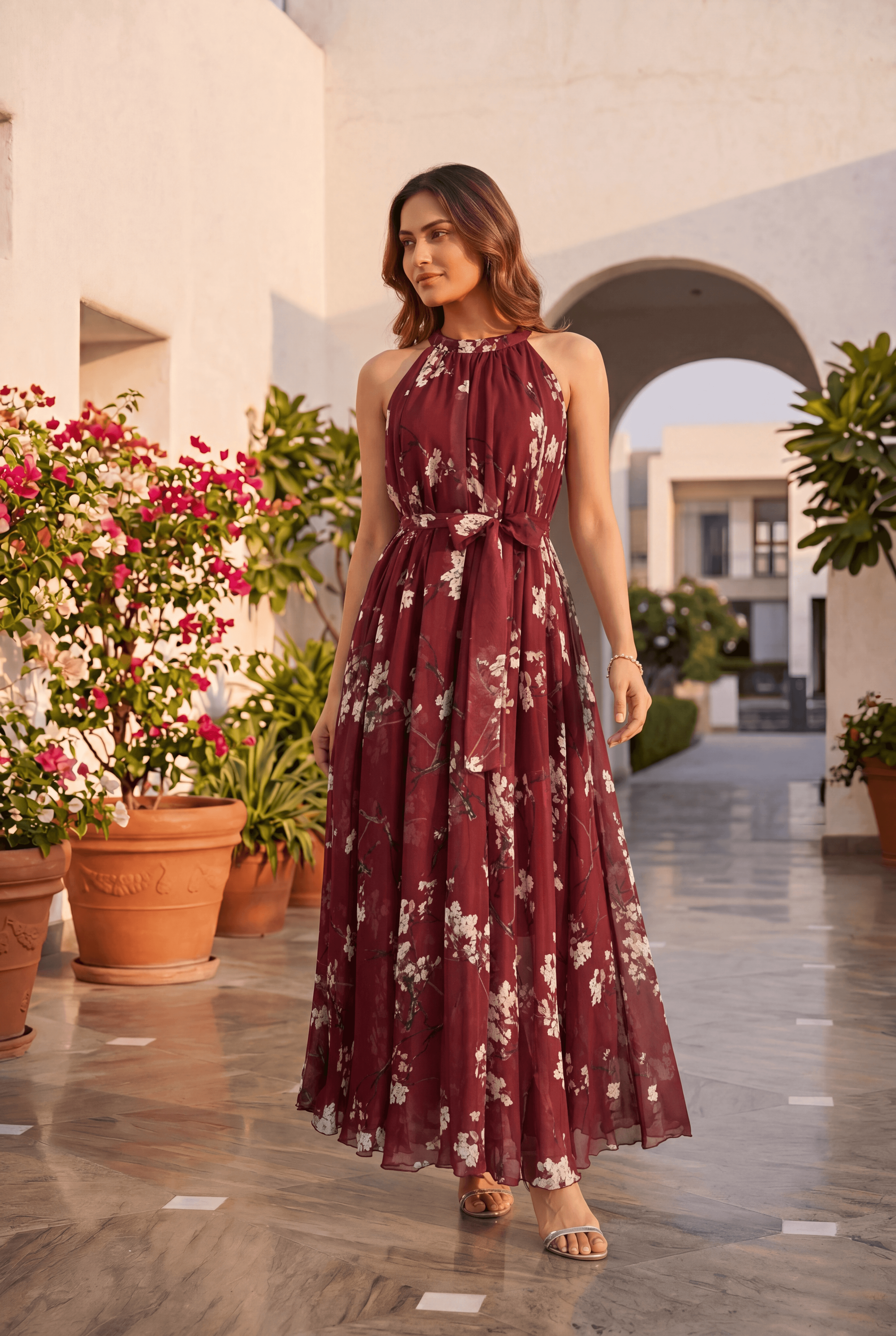 Elegant Wine Floral Printed Poly Chiffon Maxi Dress with Halter Neckline & Flowing Silhouette for Summer Brunch  Resort