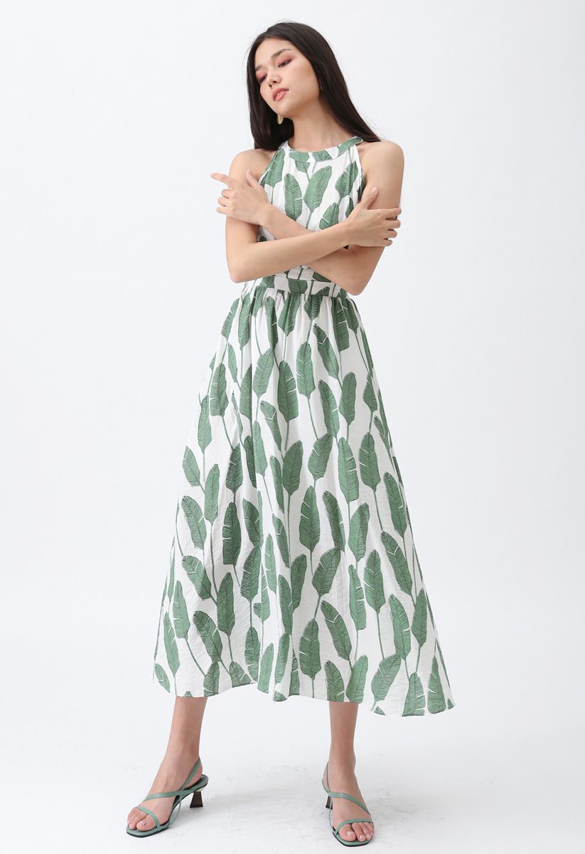 Ivory Green Tropical Leaf Printed Halter Neck Maxi Dress in Premium Lightweight Fabric