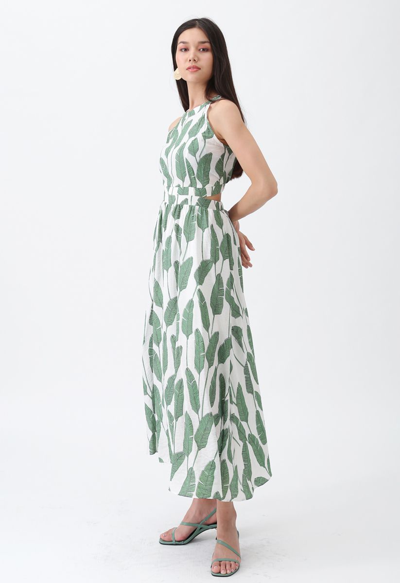 Ivory Green Tropical Leaf Printed Halter Neck Maxi Dress in Premium Lightweight Fabric
