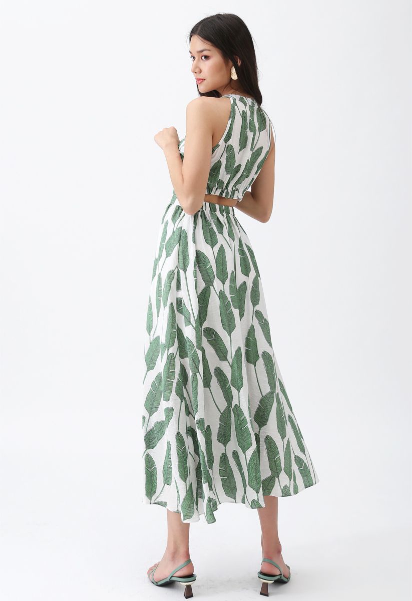 Ivory Green Tropical Leaf Printed Halter Neck Maxi Dress in Premium Lightweight Fabric