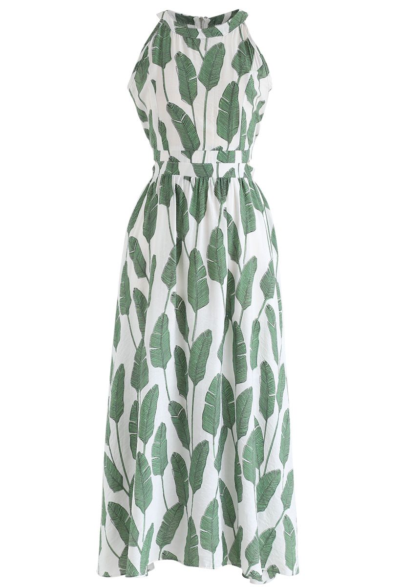 Ivory Green Tropical Leaf Printed Halter Neck Maxi Dress in Premium Lightweight Fabric