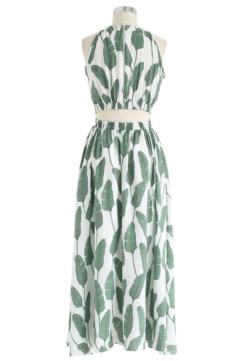 Ivory Green Tropical Leaf Printed Halter Neck Maxi Dress in Premium Lightweight Fabric