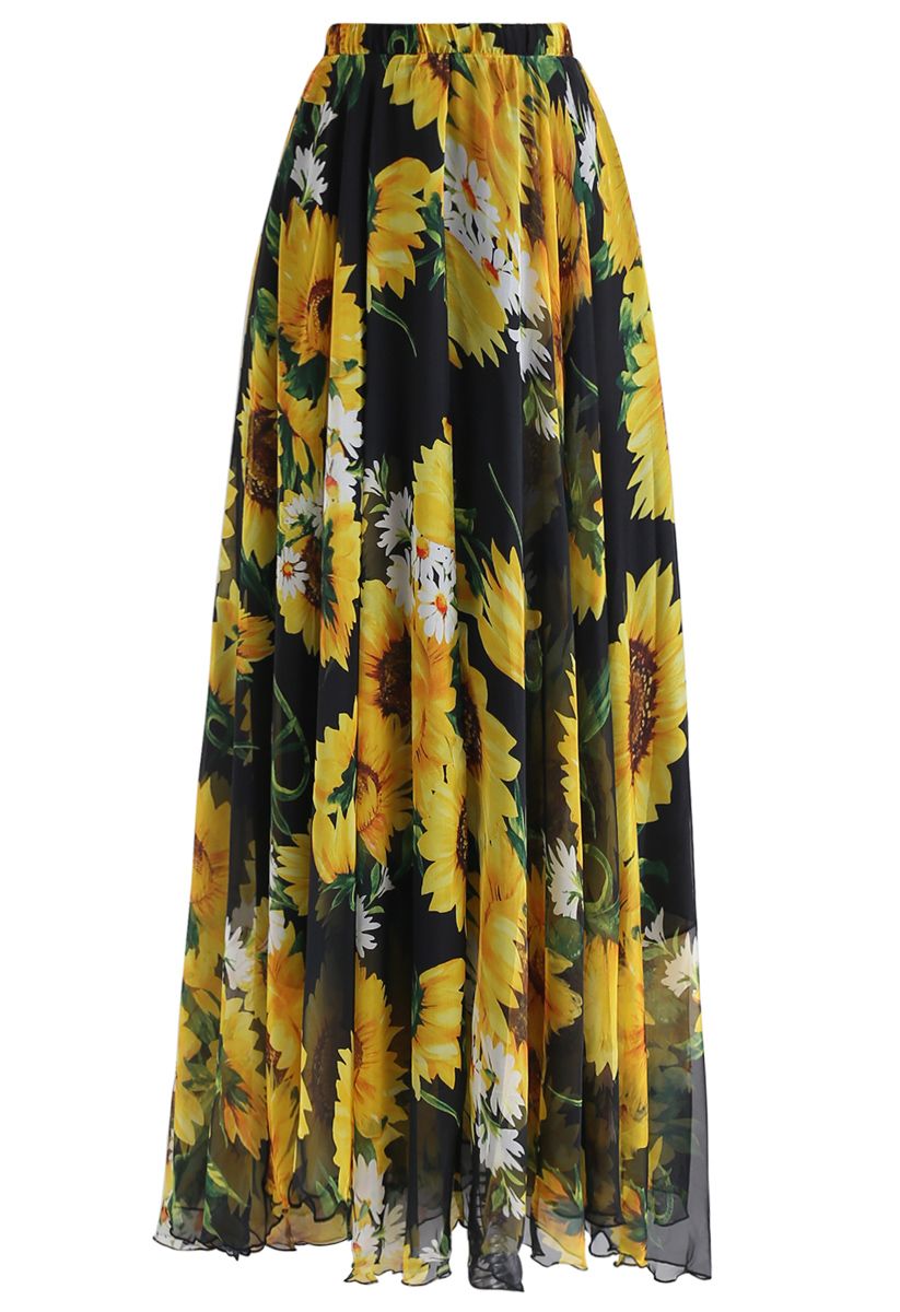 Golden Sunflower Bloom Chiffon Maxi Skirt