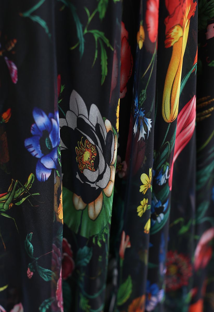 Black Tropical Garden Floral Georgette Maxi Skirt