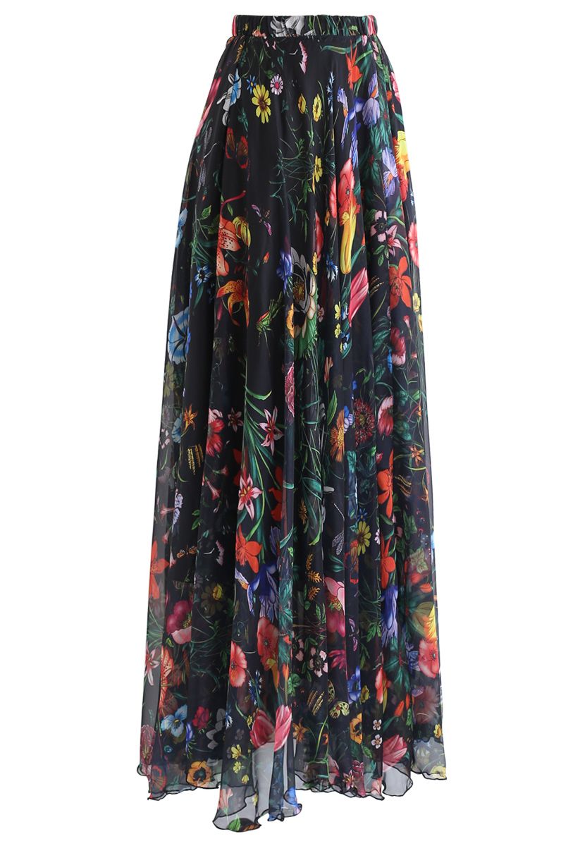 Black Tropical Garden Floral Georgette Maxi Skirt
