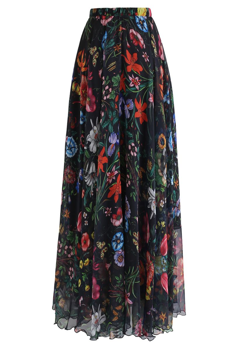 Black Tropical Garden Floral Georgette Maxi Skirt