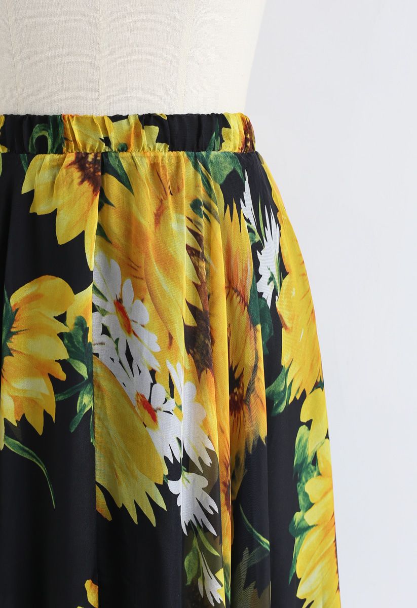 Golden Sunflower Bloom Chiffon Maxi Skirt
