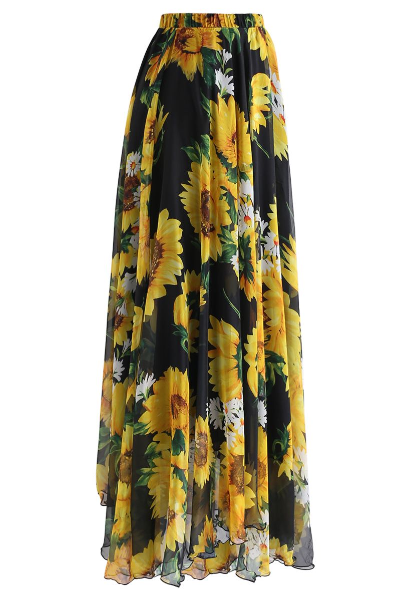 Golden Sunflower Bloom Chiffon Maxi Skirt