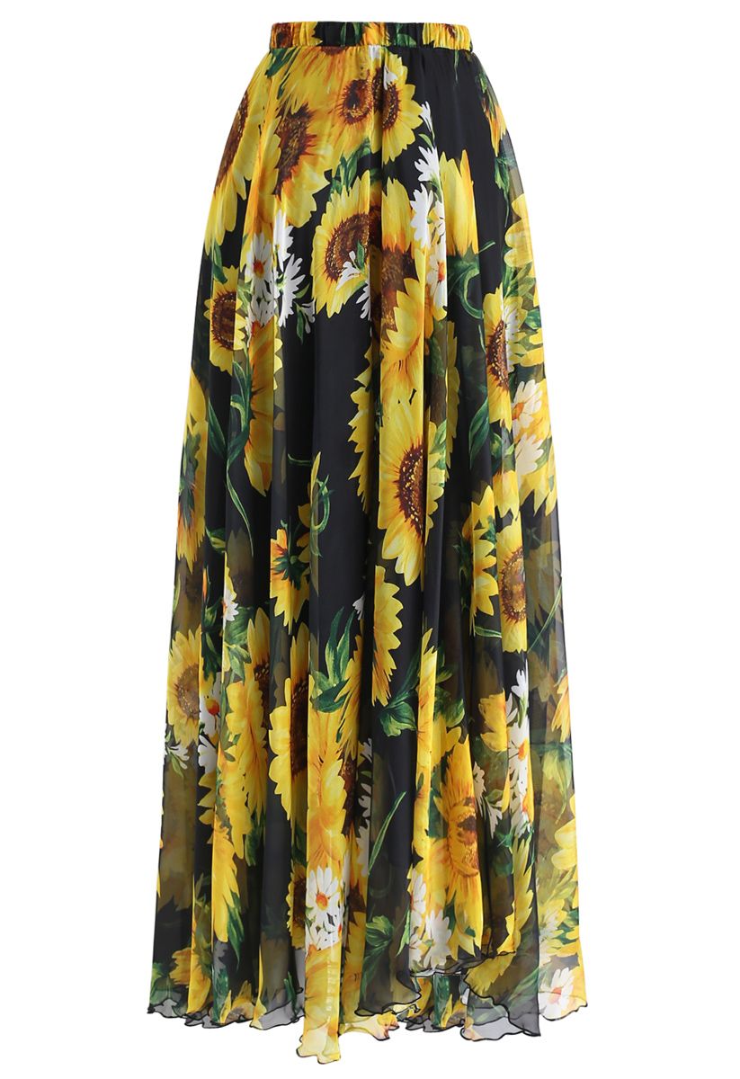 Golden Sunflower Bloom Chiffon Maxi Skirt