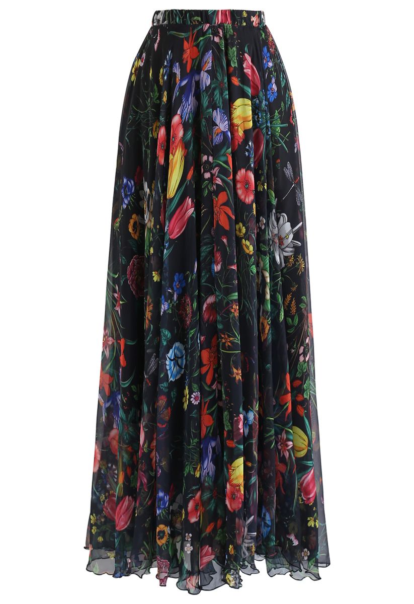 Black Tropical Garden Floral Georgette Maxi Skirt