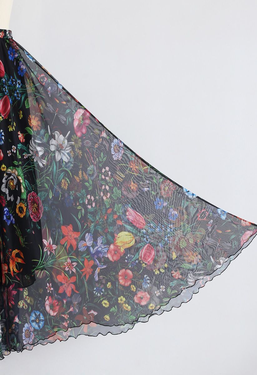 Black Tropical Garden Floral Georgette Maxi Skirt