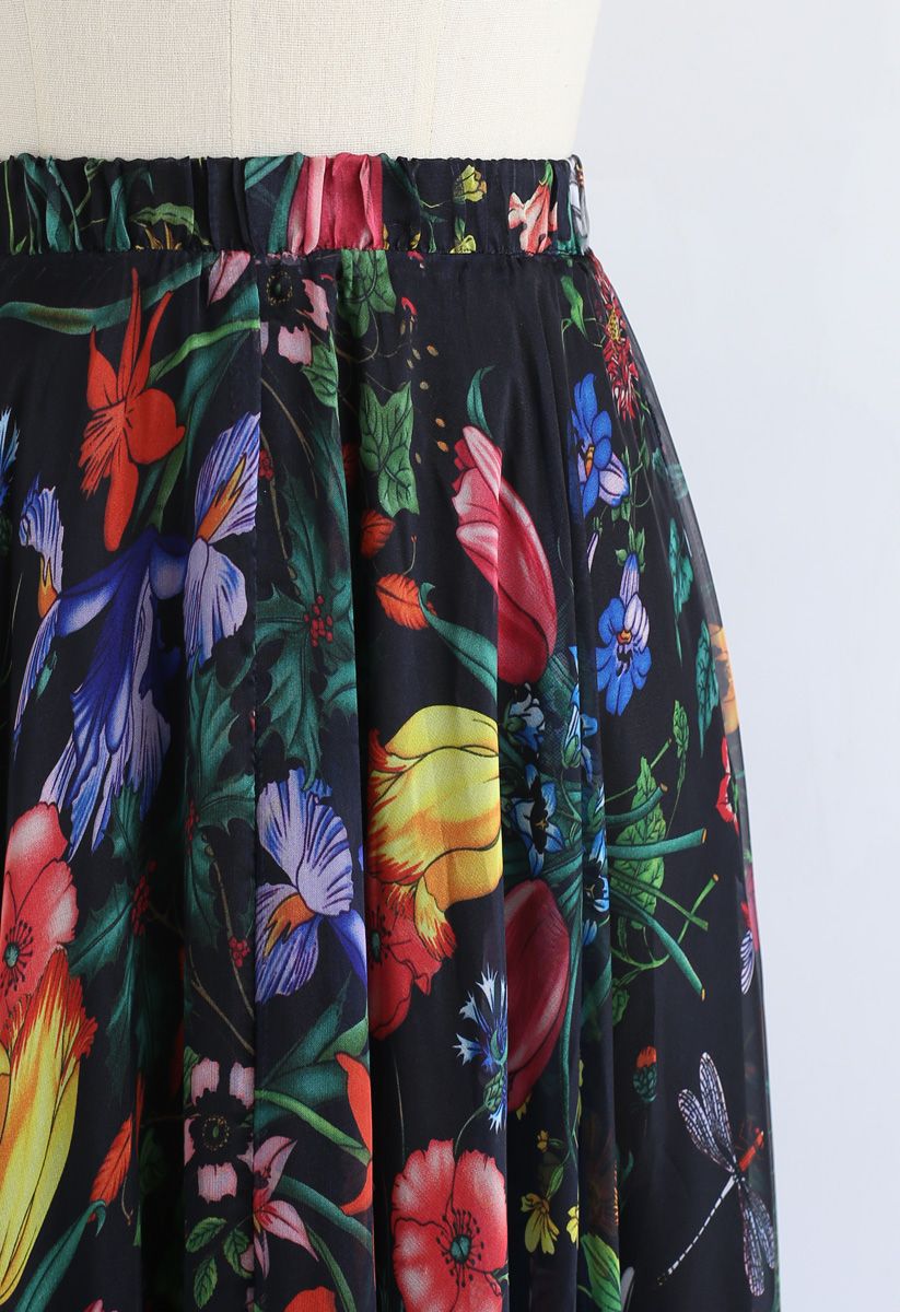 Black Tropical Garden Floral Georgette Maxi Skirt