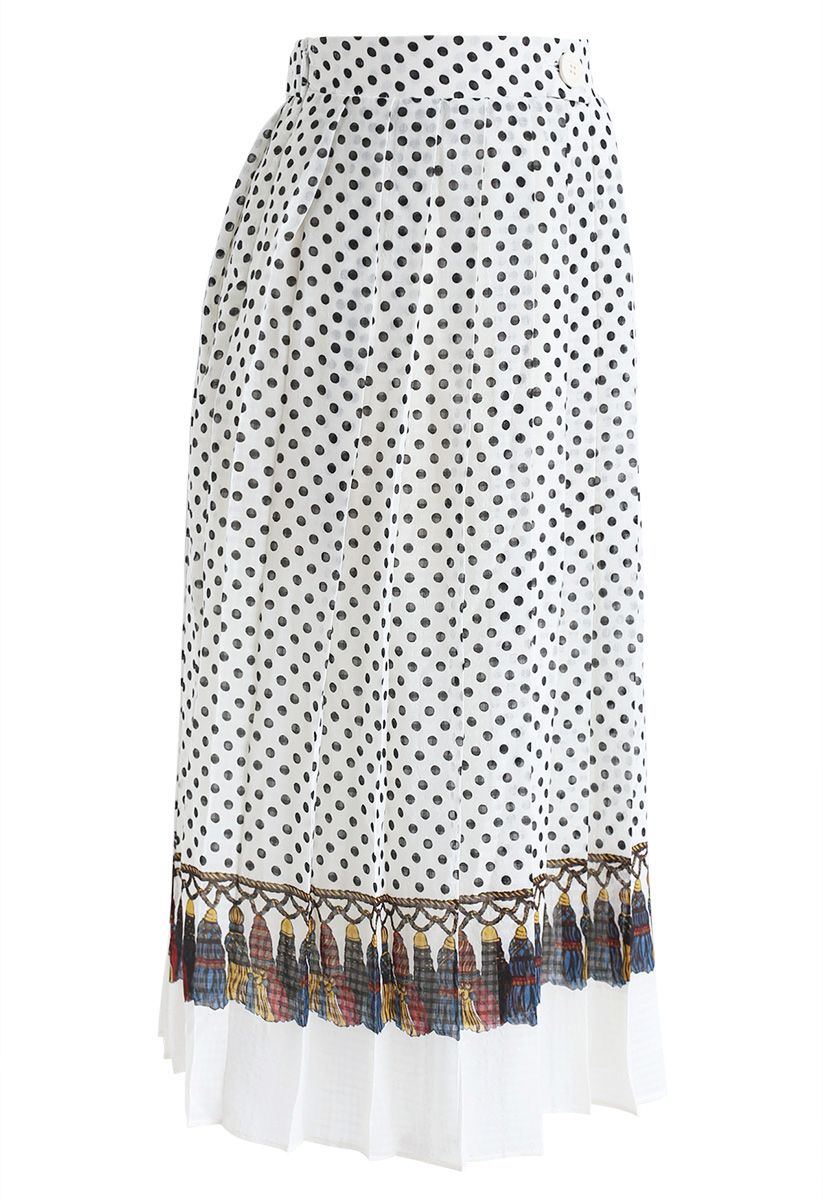 Dots & Tassels Pleated Midi Skirt  Polka Dot Print Colorful Border Vintage Fusion