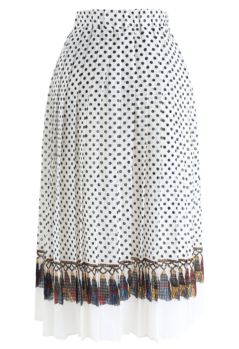 Dots & Tassels Pleated Midi Skirt  Polka Dot Print Colorful Border Vintage Fusion