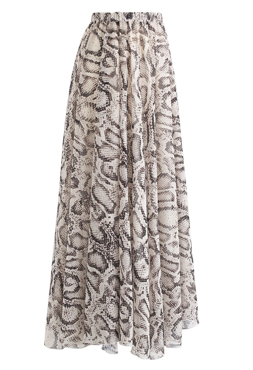 Beige Snake Print Chiffon Resort Wear Maxi Skirt