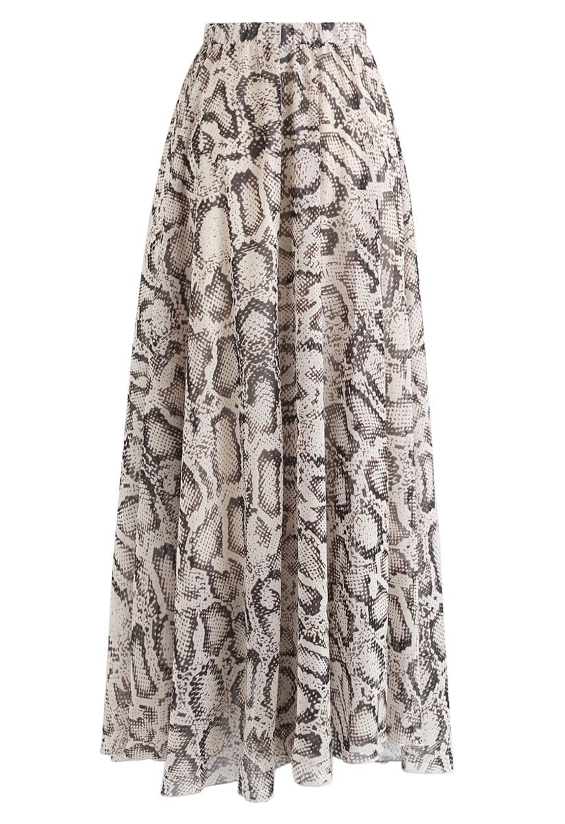 Beige Snake Print Chiffon Resort Wear Maxi Skirt