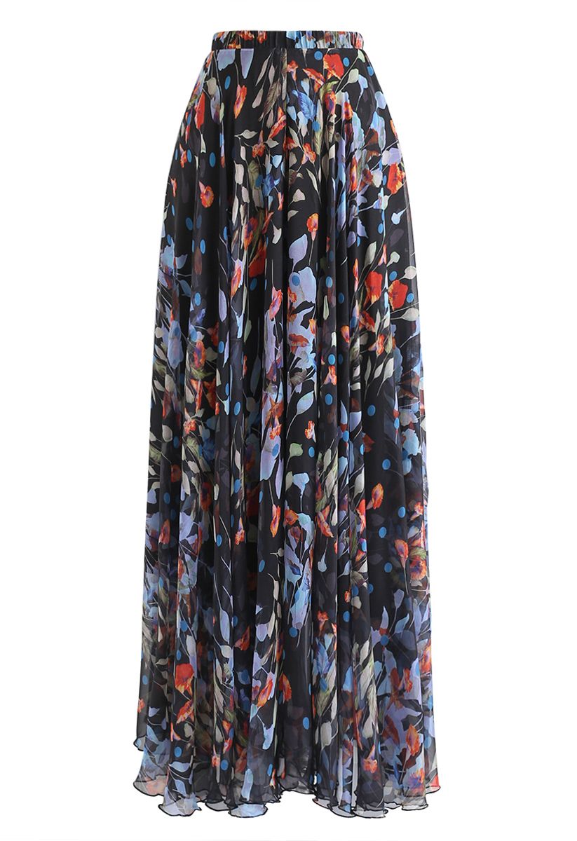 Black Floral Polka Print Chiffon Party Wear Maxi Skirt