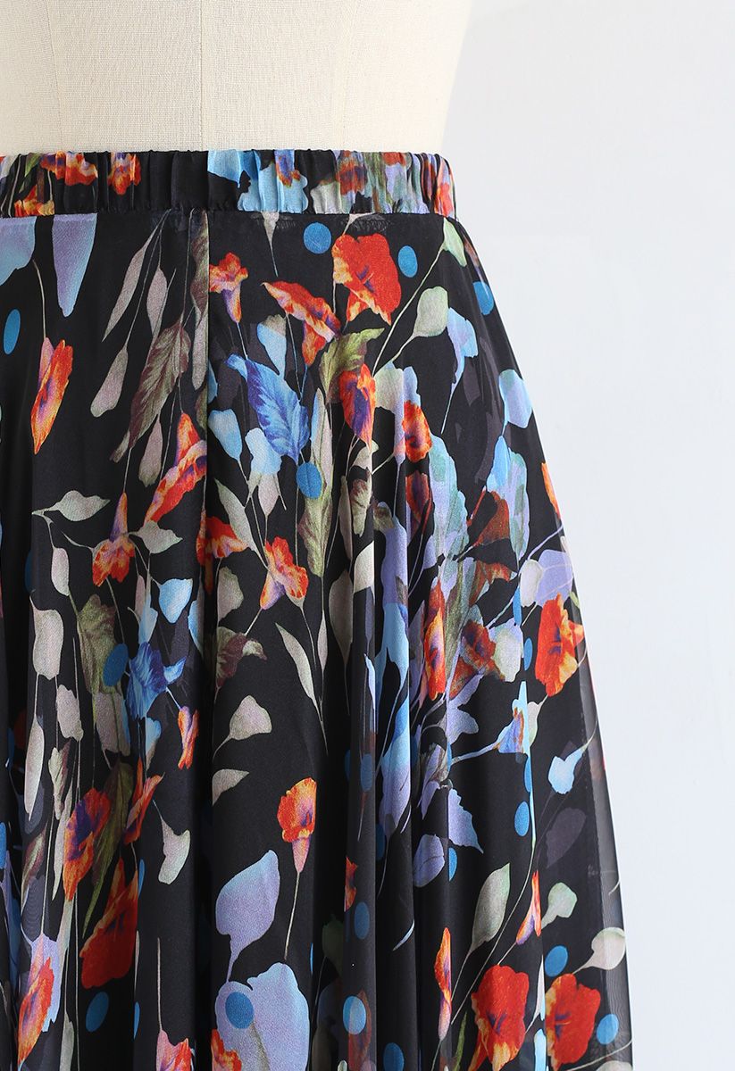 Black Floral Polka Print Chiffon Party Wear Maxi Skirt