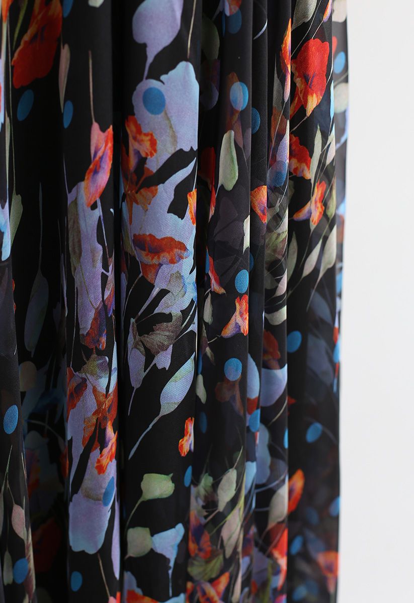 Black Floral Polka Print Chiffon Party Wear Maxi Skirt