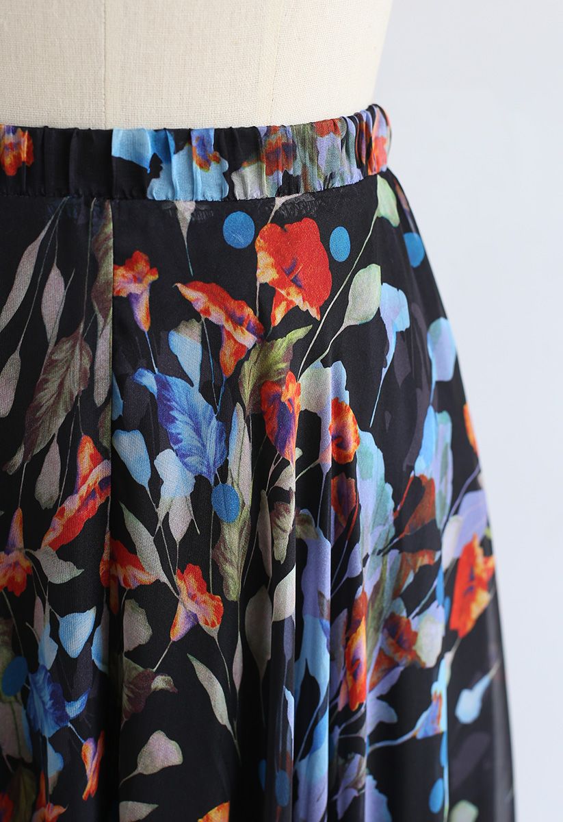 Black Floral Polka Print Chiffon Party Wear Maxi Skirt
