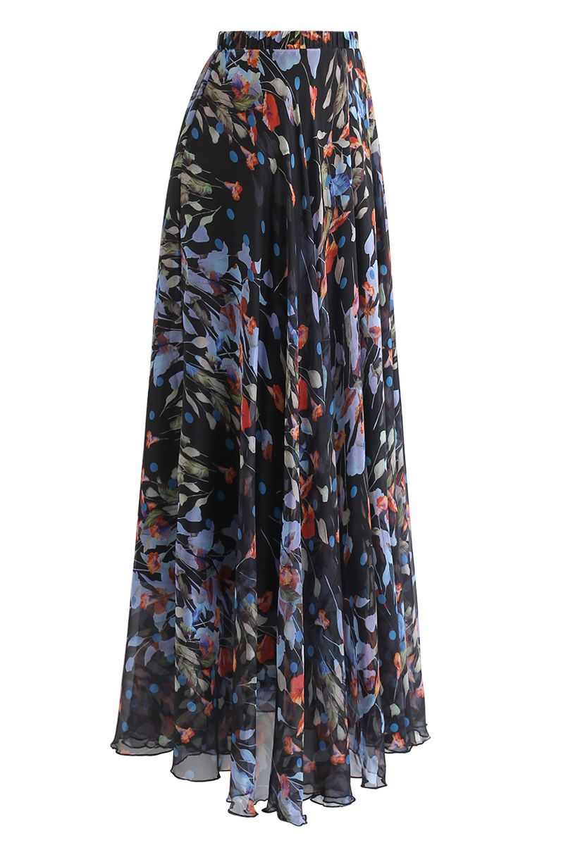 Black Floral Polka Print Chiffon Party Wear Maxi Skirt