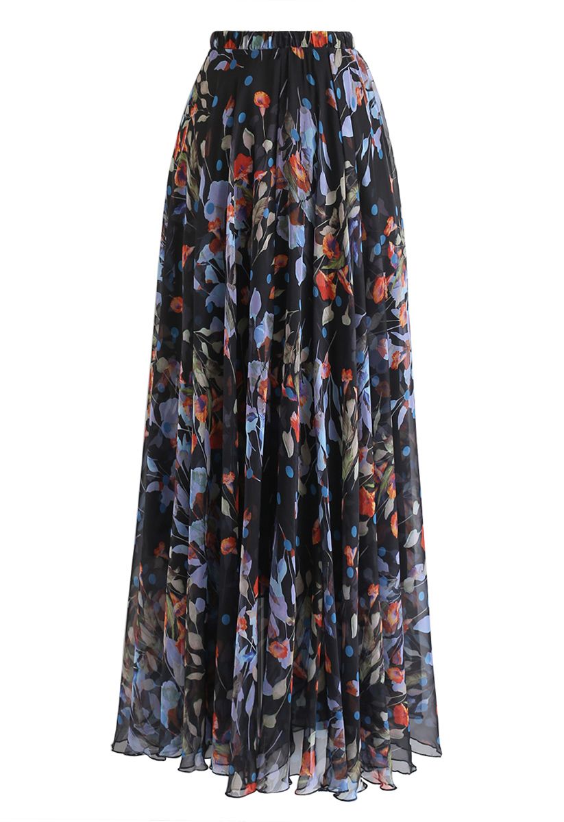 Black Floral Polka Print Chiffon Party Wear Maxi Skirt