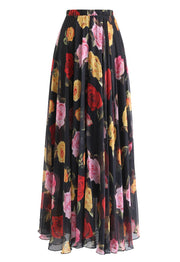 Romantic Rose Floral Black Georgette Long Skirt