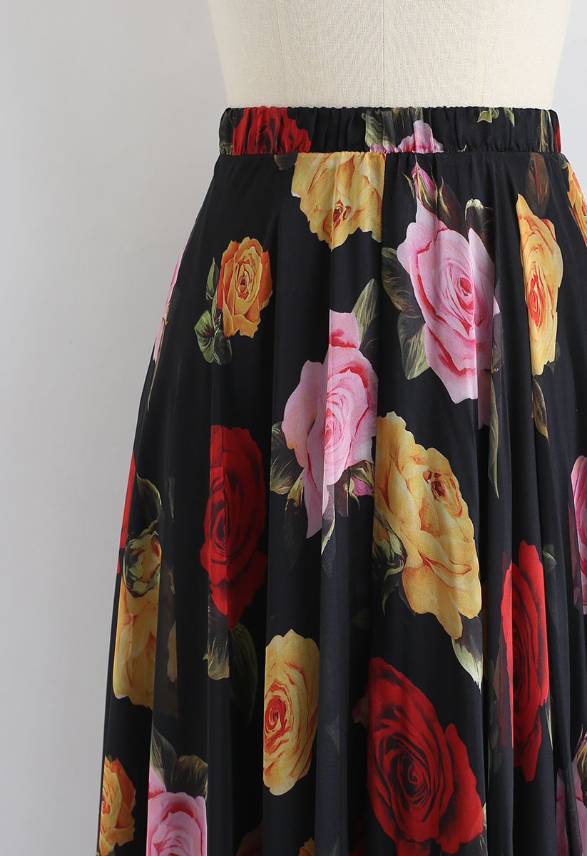 Romantic Rose Floral Black Georgette Long Skirt