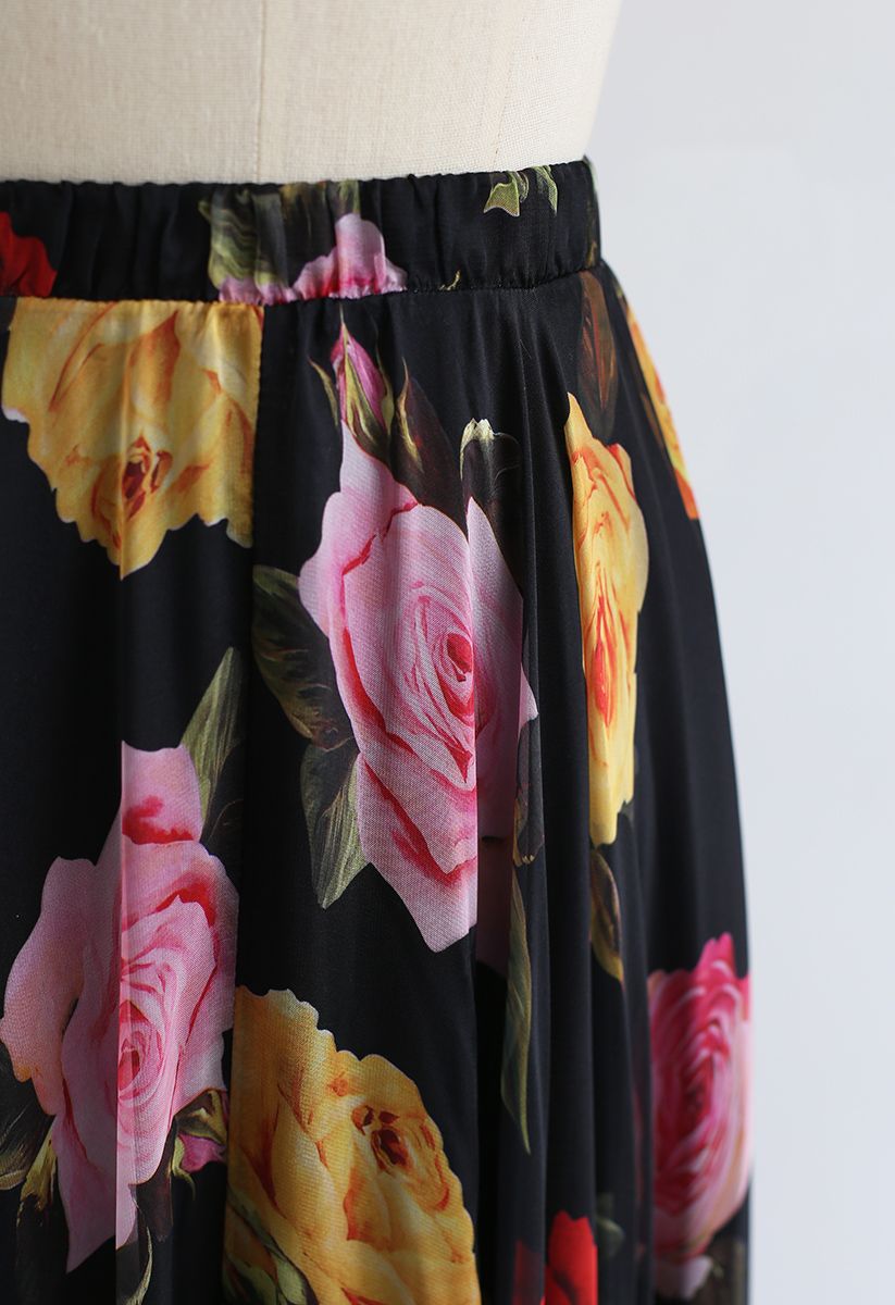 Romantic Rose Floral Black Georgette Long Skirt