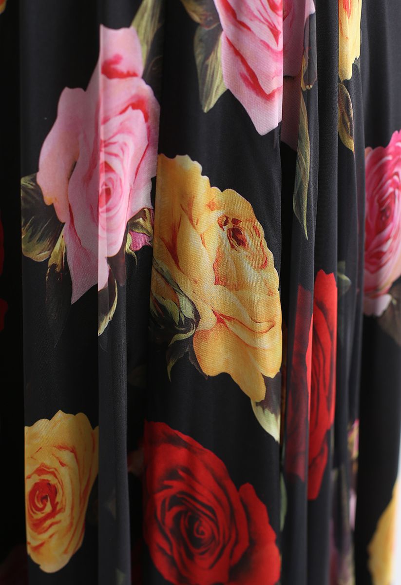 Romantic Rose Floral Black Georgette Long Skirt