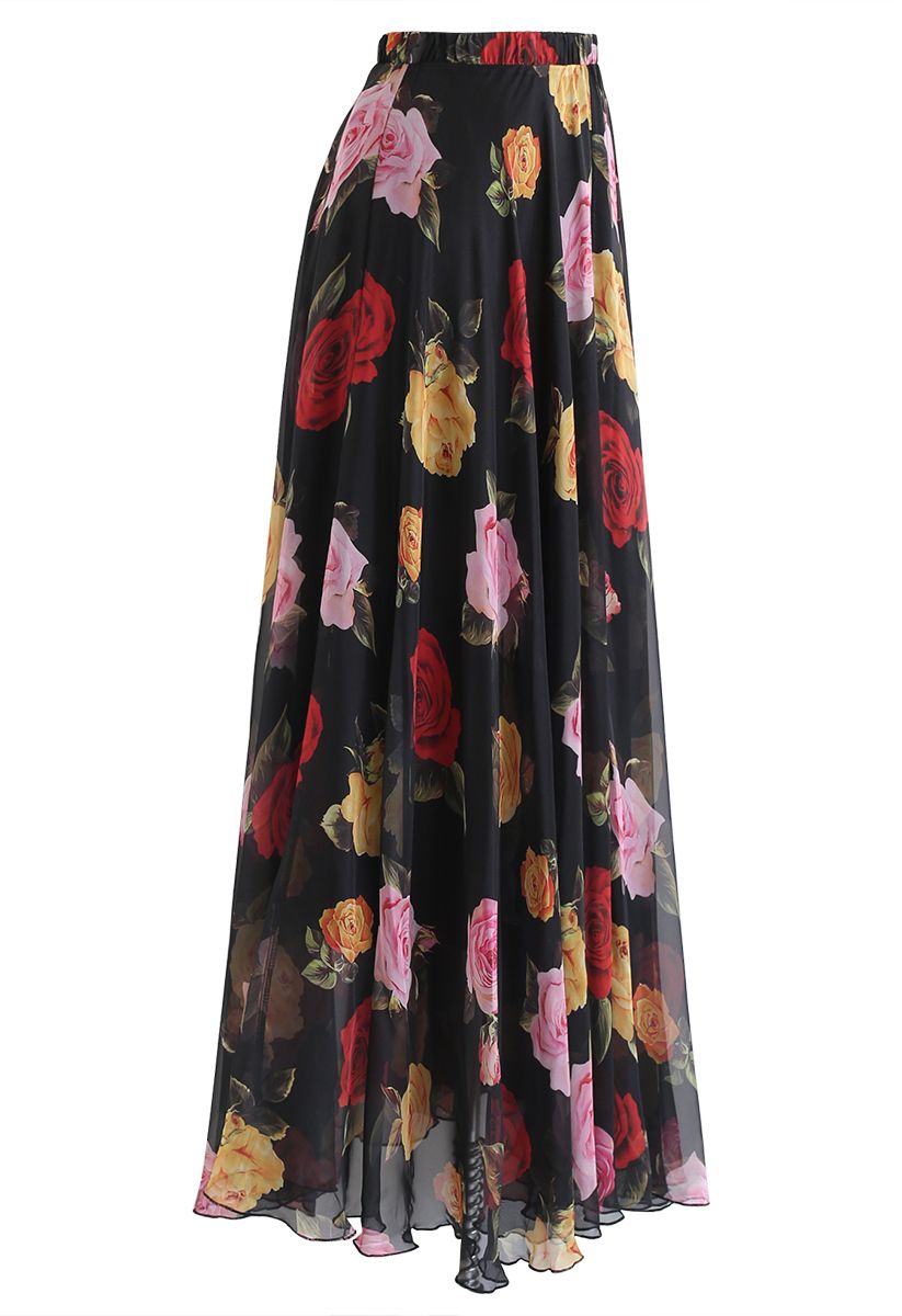 Romantic Rose Floral Black Georgette Long Skirt