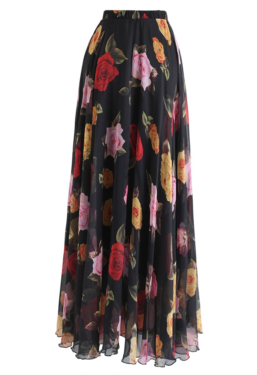 Romantic Rose Floral Black Georgette Long Skirt