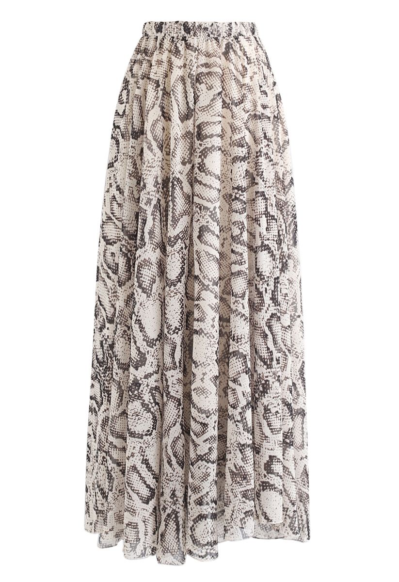 Beige Snake Print Chiffon Resort Wear Maxi Skirt
