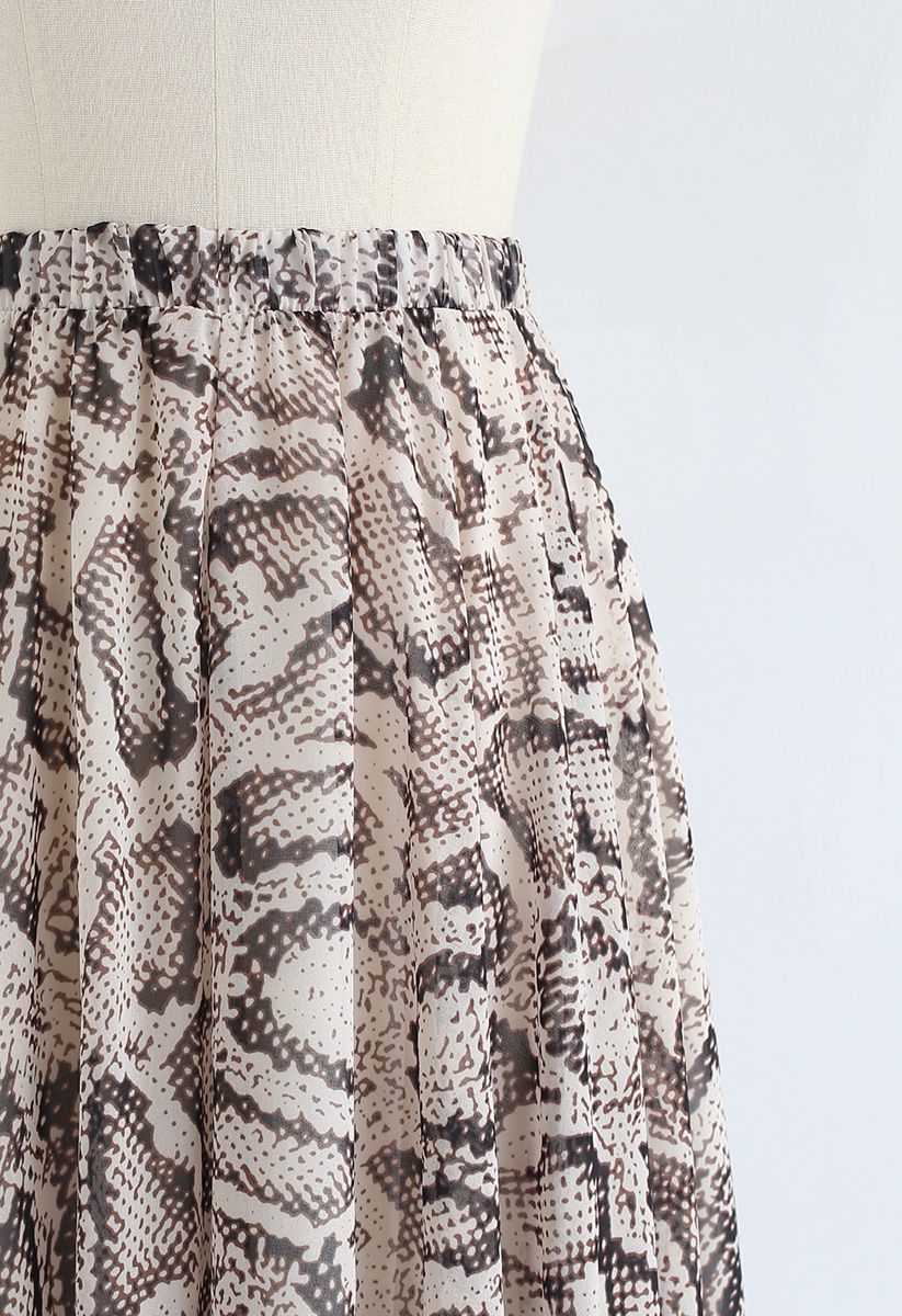Beige Snake Print Chiffon Resort Wear Maxi Skirt