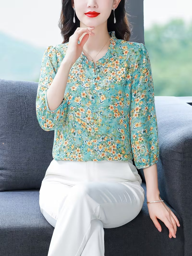 Teal Blue Ditsy Floral Georgette Top