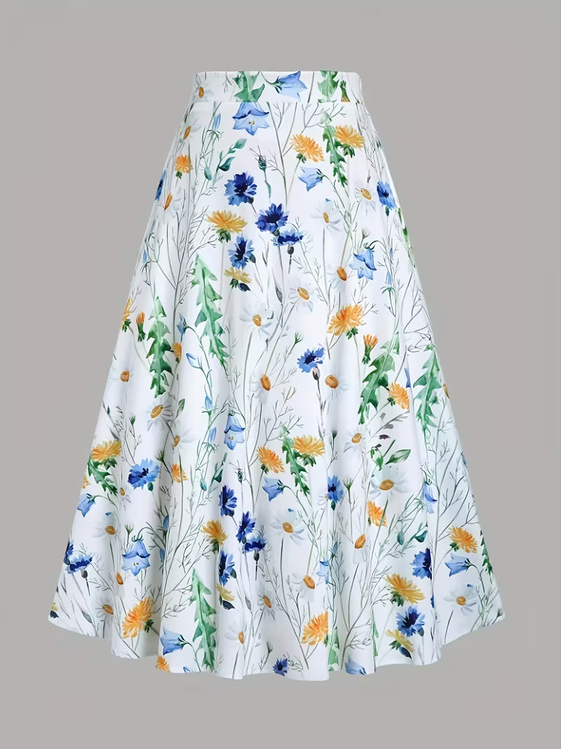 Vintage Floral High-Waisted A-Line Midi Skirt - Wildflower Meadow Botanical Print"