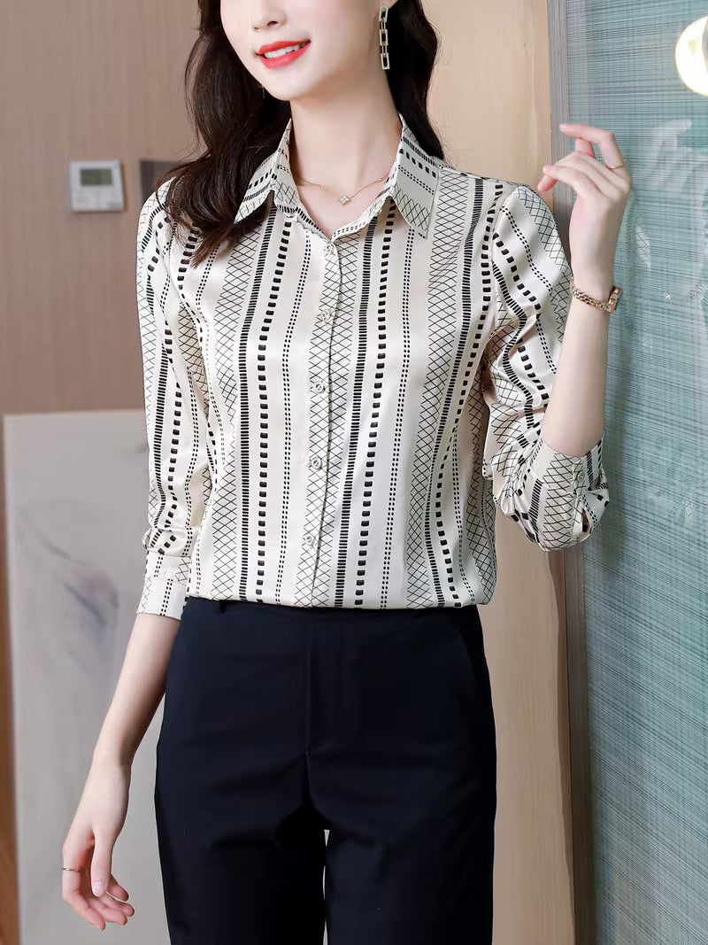 Geometric Striped Satin  – Long Sleeve Professional  Shirt