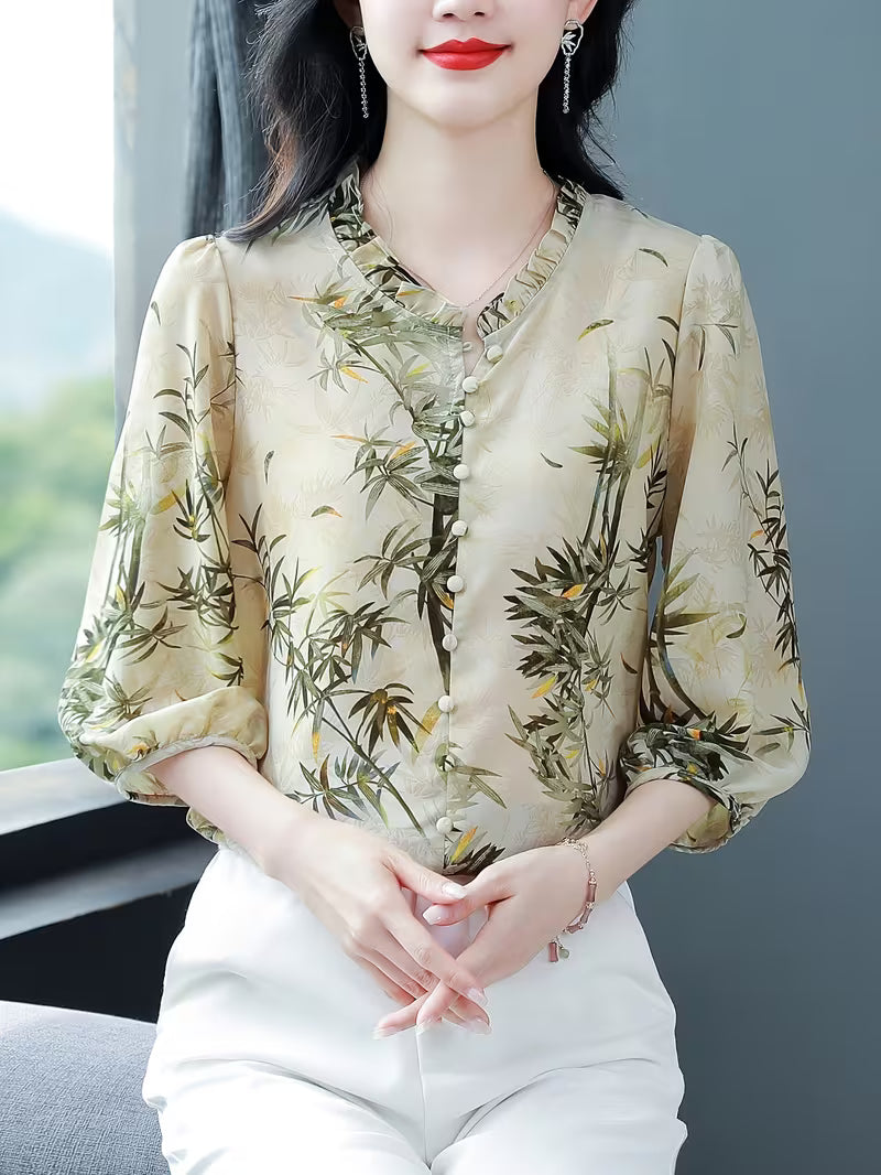 Elegant Bamboo Print Chiffon  with Ruffled V-Neck and 3/4 Sleeves TOP